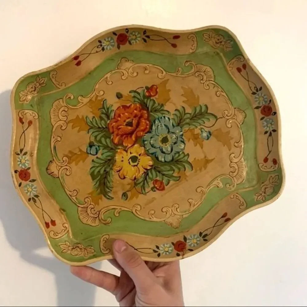 Made in Occupied Japan Wooden Green, Red And Blue Floral Tea Tray Bohemian Folk